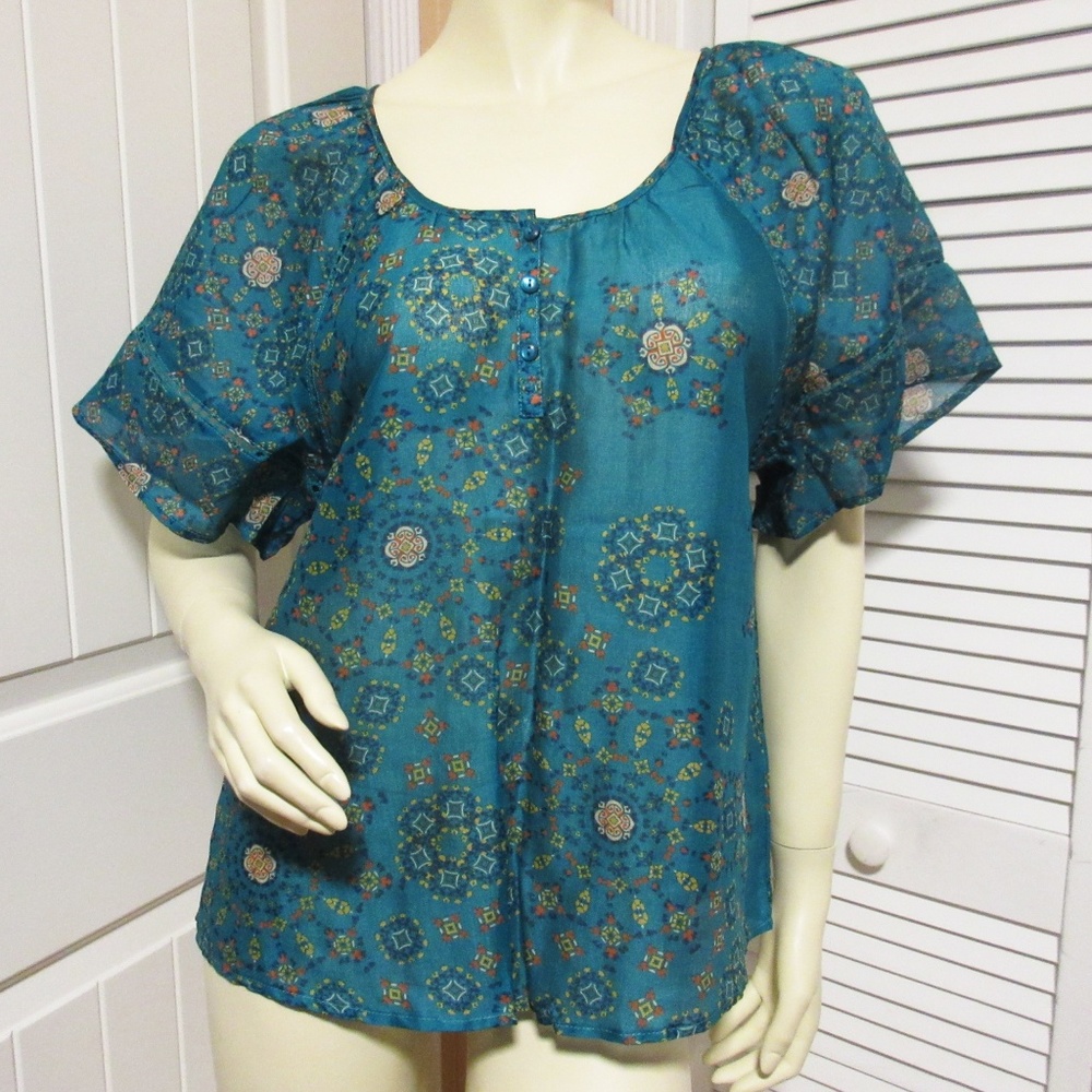 New Sonoma Women's Boho Peasant Blouse Sheer Top Teal Blue Cottagecore Bohemian